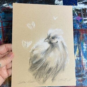 Original Silky chicken butterflies charcoal pastel painting handmade art USA